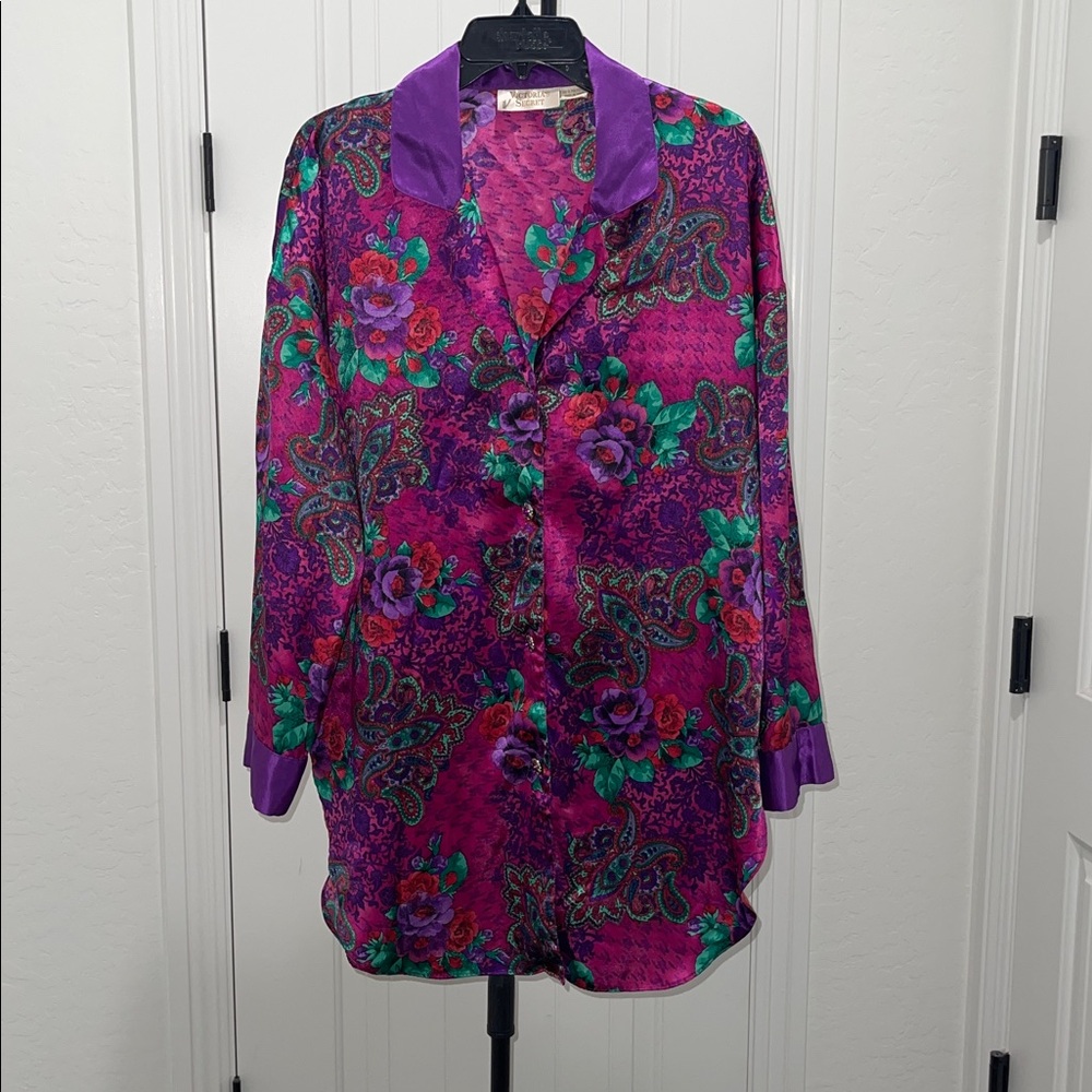 Victoria's Secret Gold Label Purple Pink Floral Paisley Satin Night Shirt - M/L